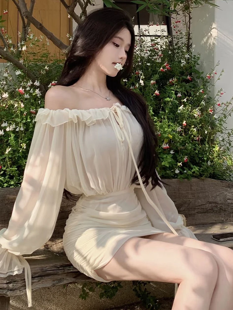 Nibber Slash Neck Dress Women Sexy See Through Drawstring Butterfly Sleeve Ruffles Ruched Skinny Peach Hip Clubwear Mini Bodycon