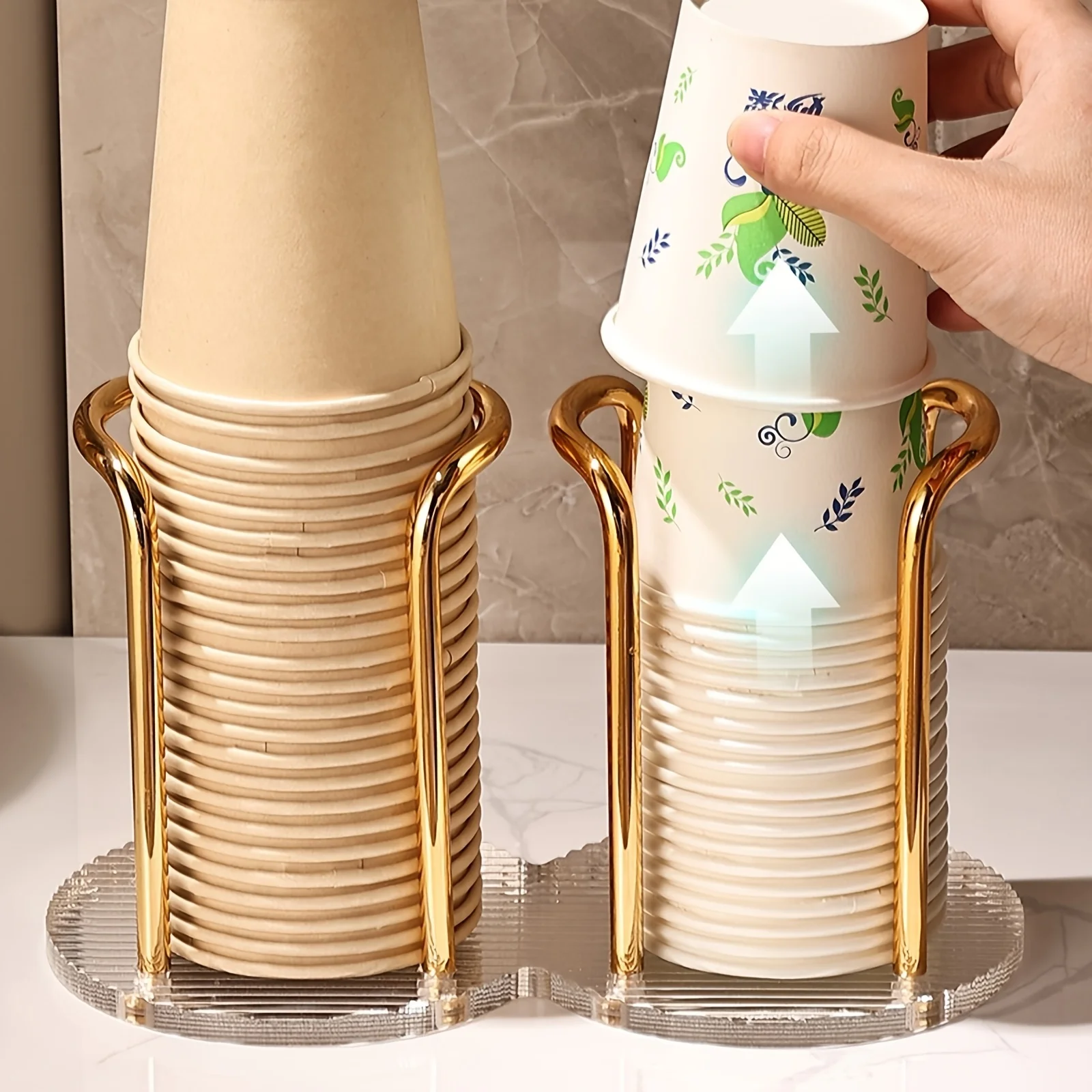 Elegant Acrylic Disposable Cup Holder with Golden-Tone Accents-Ideal for Home, Caf&eacute;, Office, and Hotel Use