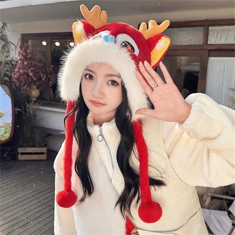 

Ear Flap Hat for Girl Funny Dragon Lion Dance Plush Hat Festival Headgear