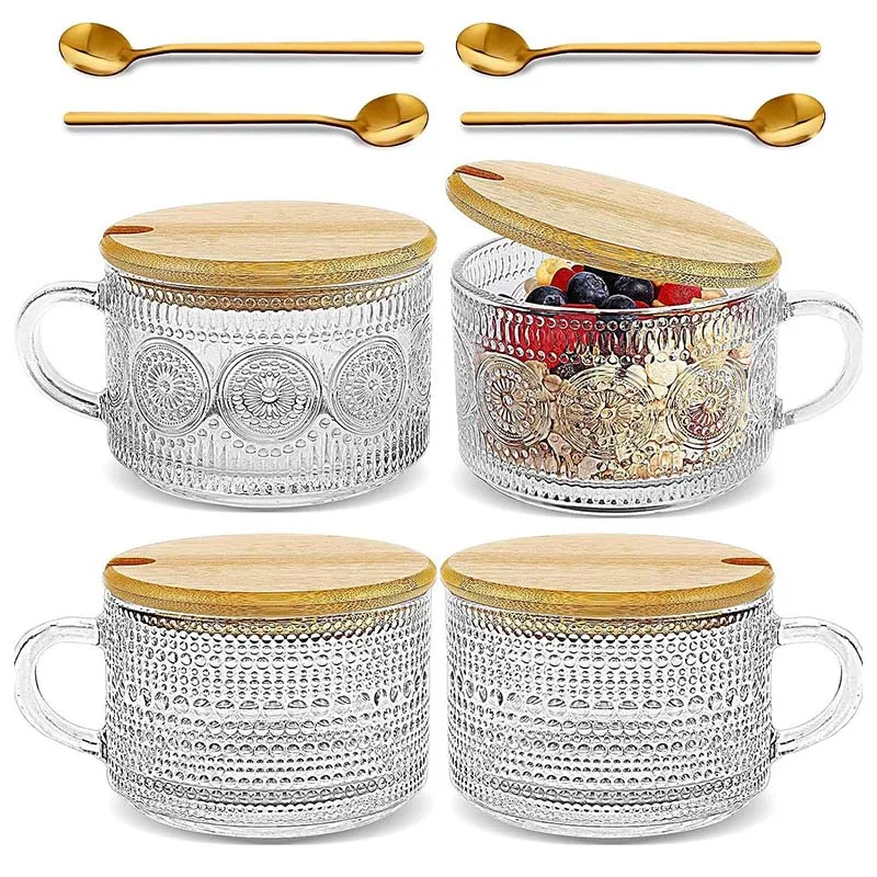 Drinking Glass 2pcs/Set Vintage Coffee Mugs with Bamboo Lids and Spoons 14oz Clear Embossed for Party