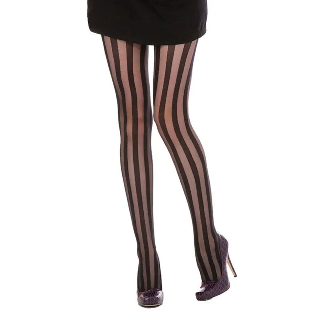 Sheer Women Girl Gothic Punk Tights Pantyhose Stockings Vertical Stripe Black