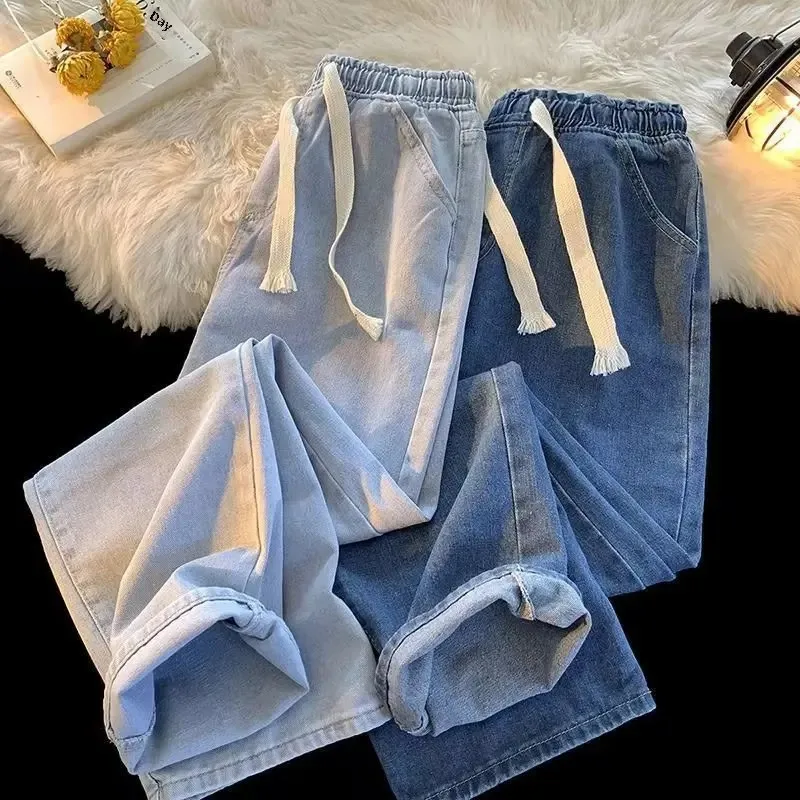 Spring Autumn Men's Elastic Waist Straight-Leg Jeans Loose-Fit Plus Size Casual Pants Drawstring Casual Slacks Plus Size 2