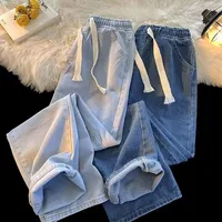 Spring Autumn Men's Elastic Waist Straight-Leg Jeans Loose-Fit Plus Size Casual Pants Drawstring Casual Slacks Plus Size 2