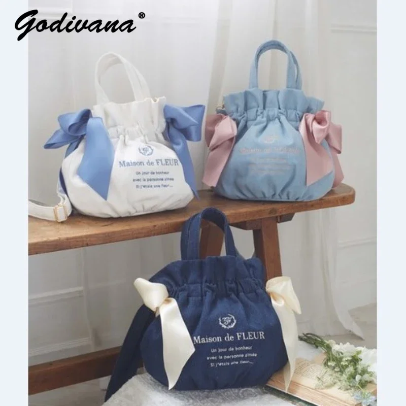 Japanese Style Autumn and Winter Cute New Denim Shoulder Bags Sweet Bowknot Bucket Cross Body Women's Tote Handbag 120cm for cross body handbag shoulder bag chain strap replacement bag accessorie