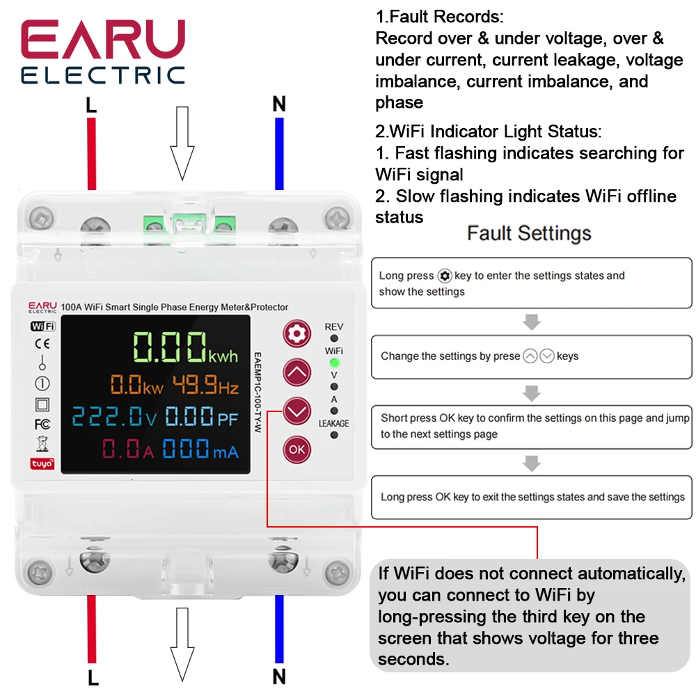 Tuya 2P 100A WiFi Smart Bi-Directional Energy Power kWh Meter Leakage Over Unde