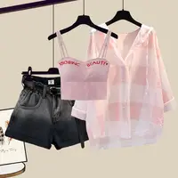 Fashion Tie-dyed Shorts Sunscreen Plaid Shirt Pink Bra Three-piece Elegant Women's Pants Set Summer Outfits Tracksuit for 2025 - Image 4