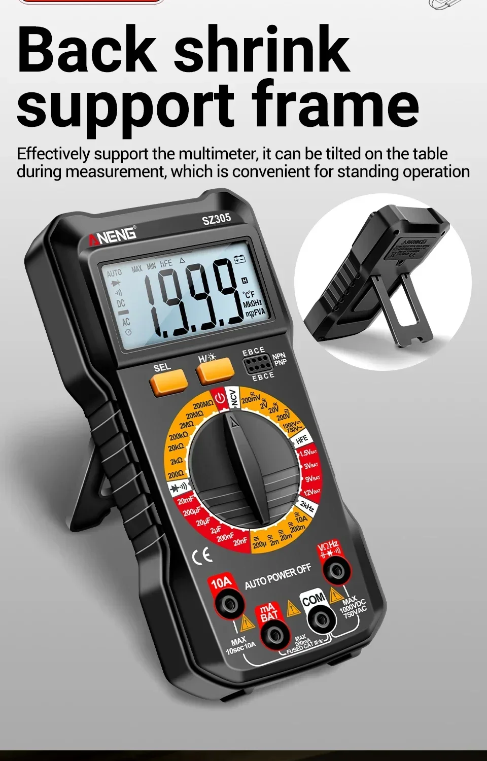 ANENG SZ305 Multimeter Professionell 1999 Messungen AC/DC Spannungsprüfer Amperemeter Kapazitätsmesser HFE Triodendetektor Hz-Detektor Elektrikerwerkzeug – Detail 5