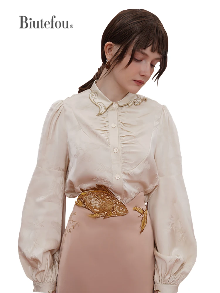 

Floral Embroidered Collar Shirt for Women, Original Design, Autumn