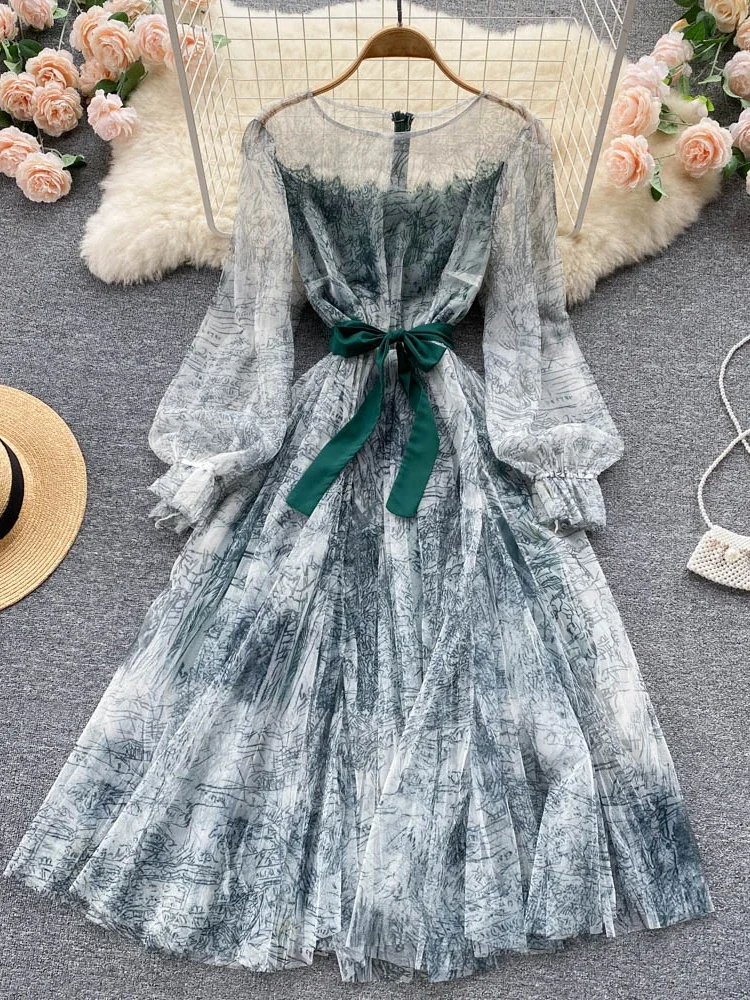 فستان نسائي شبكي أنيق بأكمام فانوس عتيقة فساتين حف...