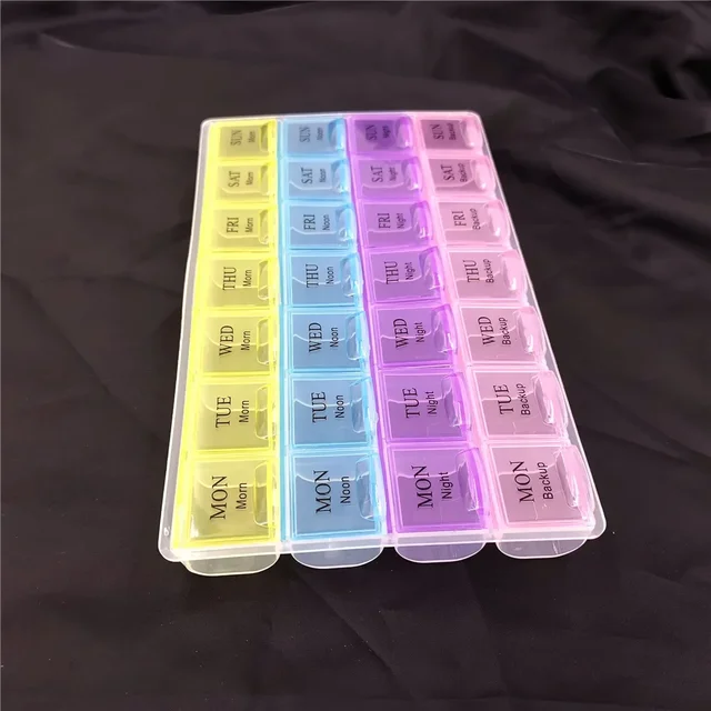 1 pièces 4 rangées 28 carrés/3 rangées 21 grilles/2 rangées 14 grilles hebdomadaires 7 jours tablette pilule support de la boîte médicaments stockage organisateur conteneur étui 3