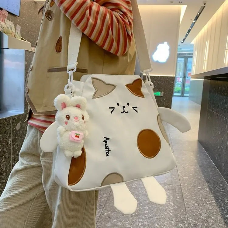 Japanese Style Kawaii Bags For Women Nylon Crossbody Bags New Cartoon Cat  Embroidery Shoulder Bag Large Capacity Student Handbag