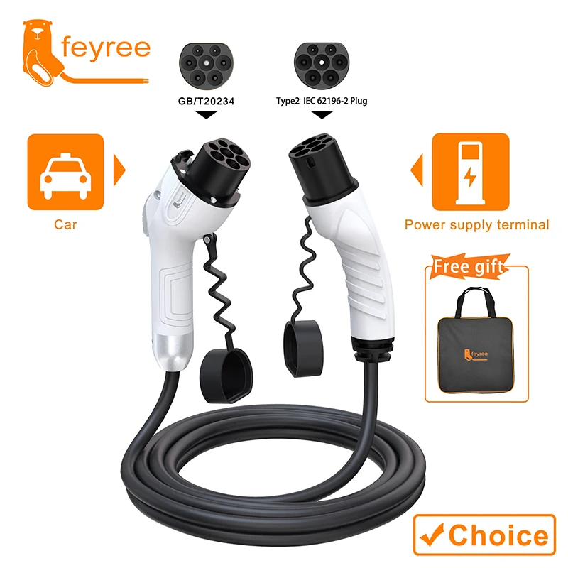 

feyree EV Charger GB/T Female Car side to type2 Male Plug 16A 3.5KW 32A 7KW Charging Cable 5m 11KW 22KW 3Phase for Electric Car