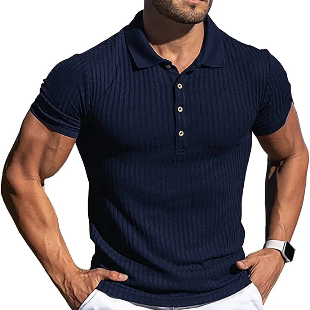 

ERIDANUS Men Summer Short Sleeve T Shirt Button Pullover Solid Lapel High-stretch Vertical Stripe Short-sleeved PoloShirt MTP177