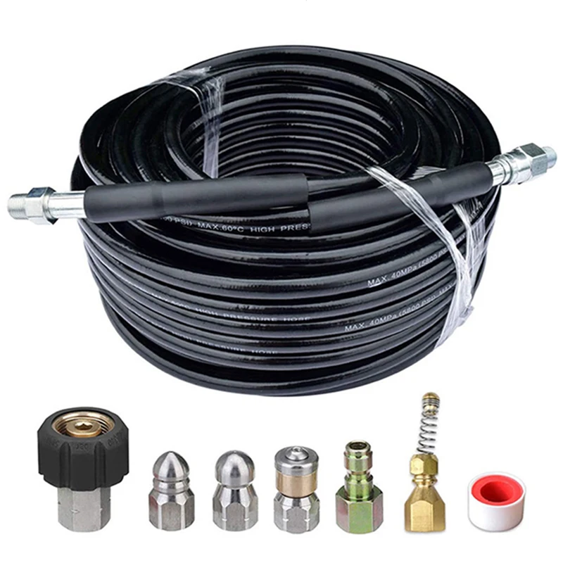 Sewer Jetter Kit 30M/100FT for High Pressure Washer 5800PSI Drain Cleaner Hose 1/4 Inch Rotating