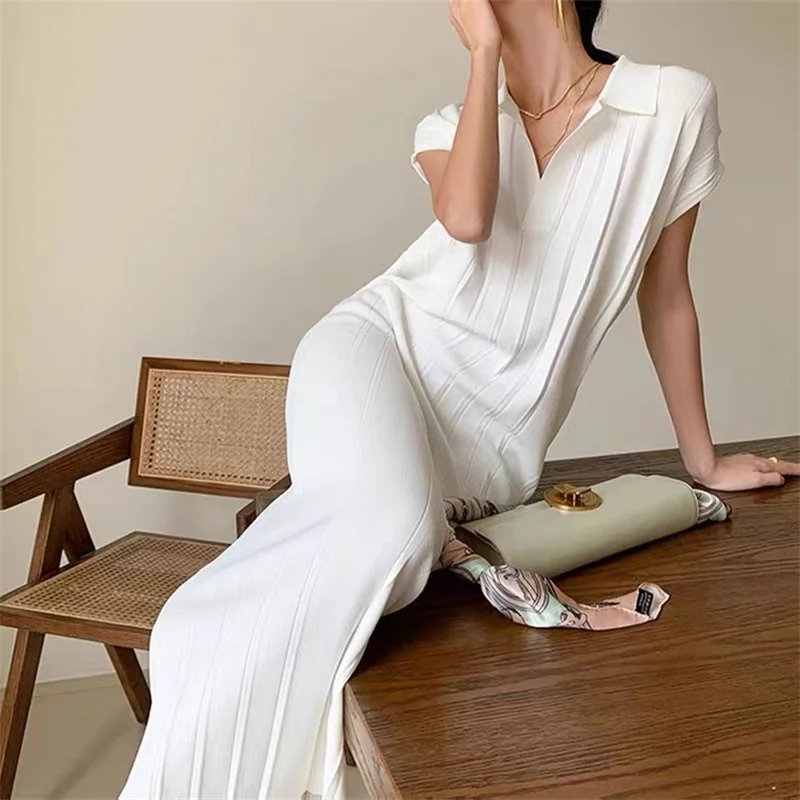 

Korean Fashion Solid Pleated Knitted Dress Women Loose Turn-down Collar Short Sleeve Long Dresses Vestidos Elegantes Para Mujer