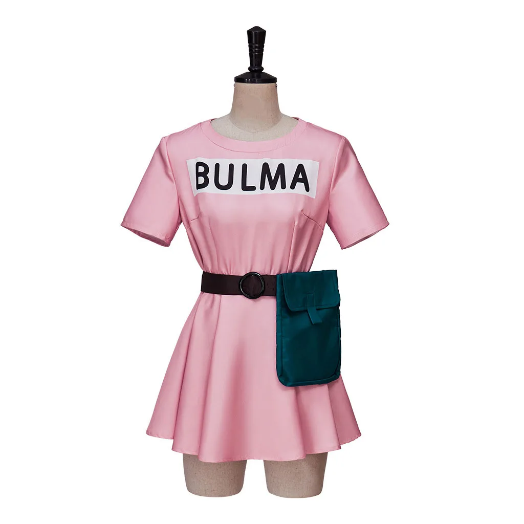 Bulma Cosplay Costume Pink Dress Headwear Purple Scarf Belt Bag Full Set for Women's Halloween Cosplay Costume Wig cosplay costumes