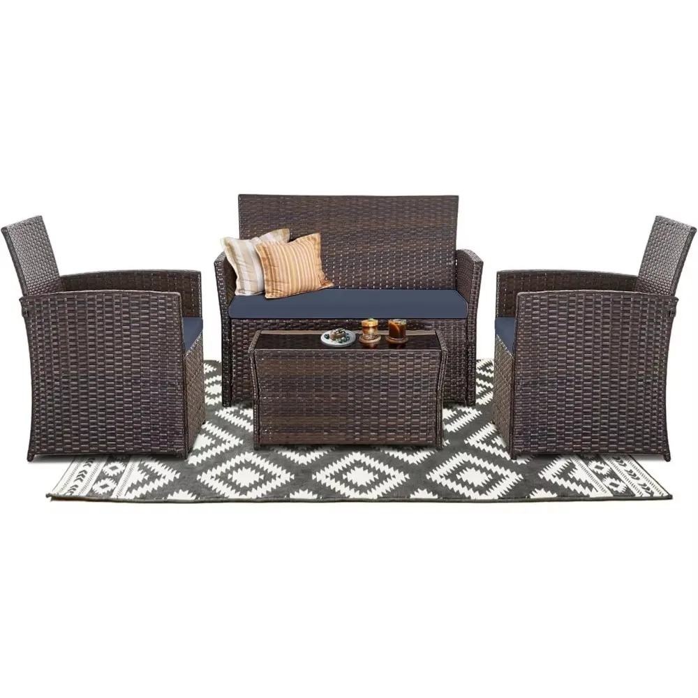 4 Piece Patio Furniture Set,Outdoor Wicker Conversation Sets,Rattan Sectional Sofa w/Coffee Table,Seat Cushions for Backyard Por 3
