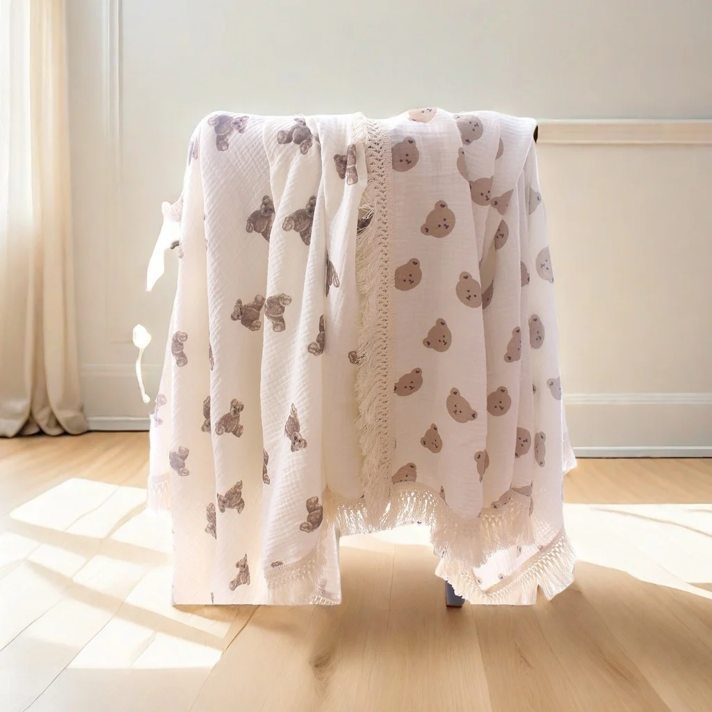 Children's blanket Cotton crepe bear fringe blanket Baby stroller cover Summer air conditioning baby wrap blanke cotton blanket