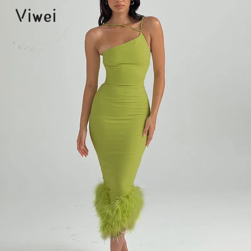 

Viwei 2023 Women Elegant Party Dress Sexy One Shoulder Backless Bodycon Dress Midi Chic Woman Evening