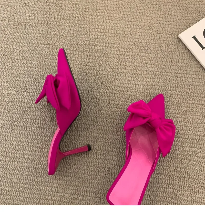 Summer Bowtie Thin Heel Mules Shoes Women 2024 Street High Heeled Slippers Women Sandals Sexy Elegant Pointed Toe Chic Shoe