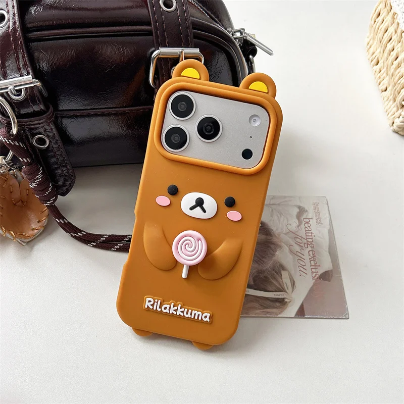 Cute 3D Rilakkuma Bear Spinning lollipop Phone Case For Xiaomi 17 Pro Max 15 14 Poco F7 F5 Pro Decompress Soft Silicone Cover 3