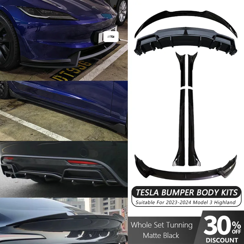 For Tesla -+ Highland Model 3 Gloss Matte Black Body Kits Bumper Lips Diffuser Spoiler Tunning Tesla Tuning Accessories