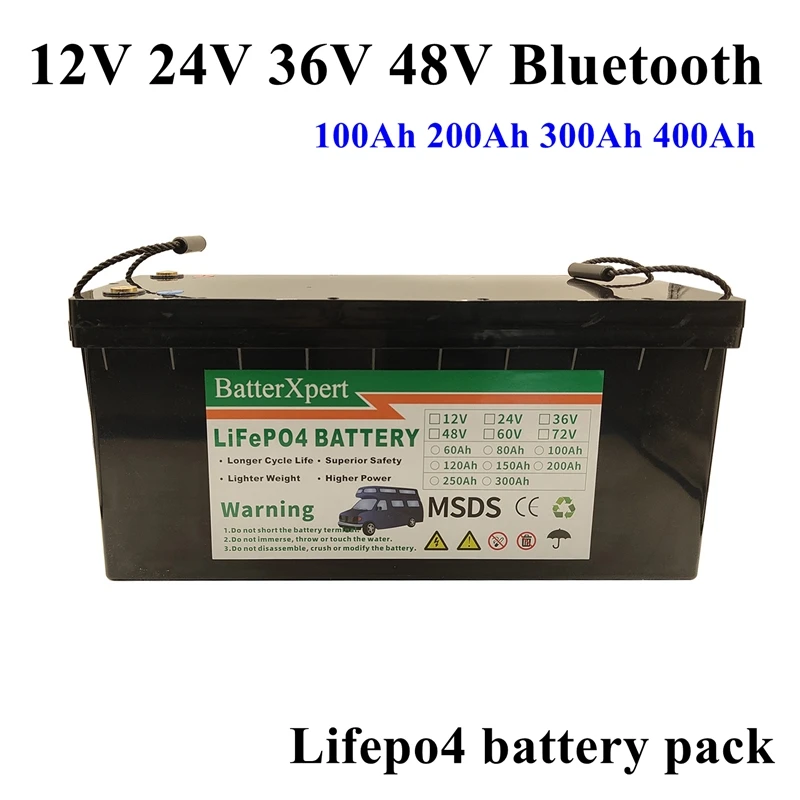방수 12V 200AH 150Ah 100AH 24V 200Ah 48V 100Ah Lifepo4 블루투스 BMS 앱, 2400w 인버터 EV 낚시 보트 + 충전기