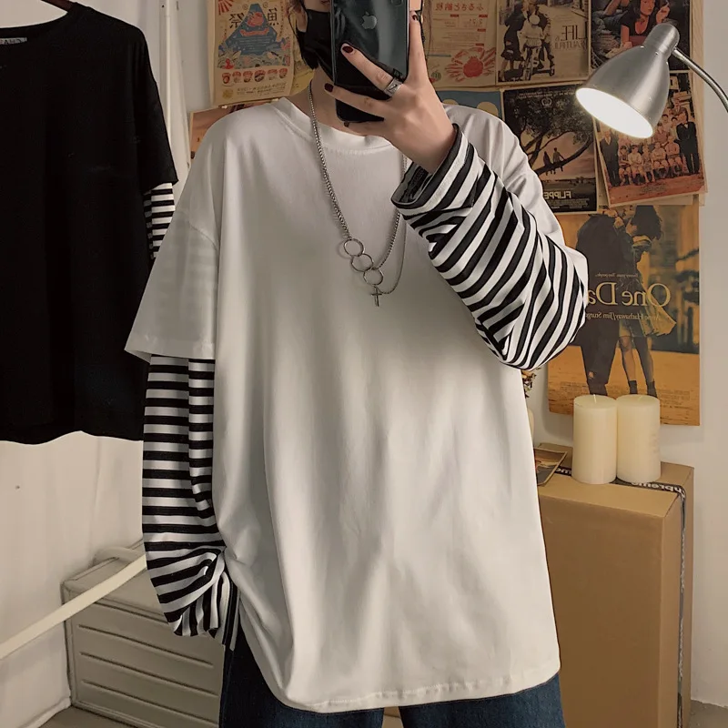 

T Shirt for Men Long Sleeve Fake Two Pieces Casual Patchwork Striped Men's Clothing Autumn Korean Style O-Neck Oversized T-shirt