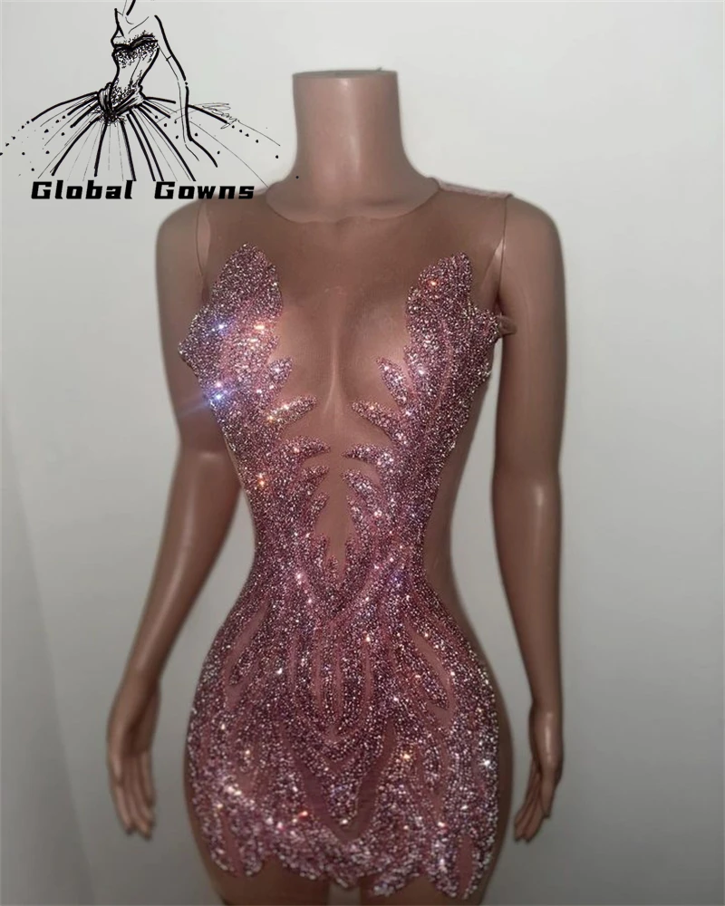 

Sparkly Pink Sheer O Neck Short Prom Dresses For Black Girls Beaded Sequined Birthday Party Dress Mini Cocktail Homecoming