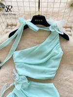SINGREINY 3D Floral Chiffon Seaside Dresses Summer Fairycore Off Shoulder A-line Lace Up Holiday Sensual Hollow Out Mini Dresses - Image 3