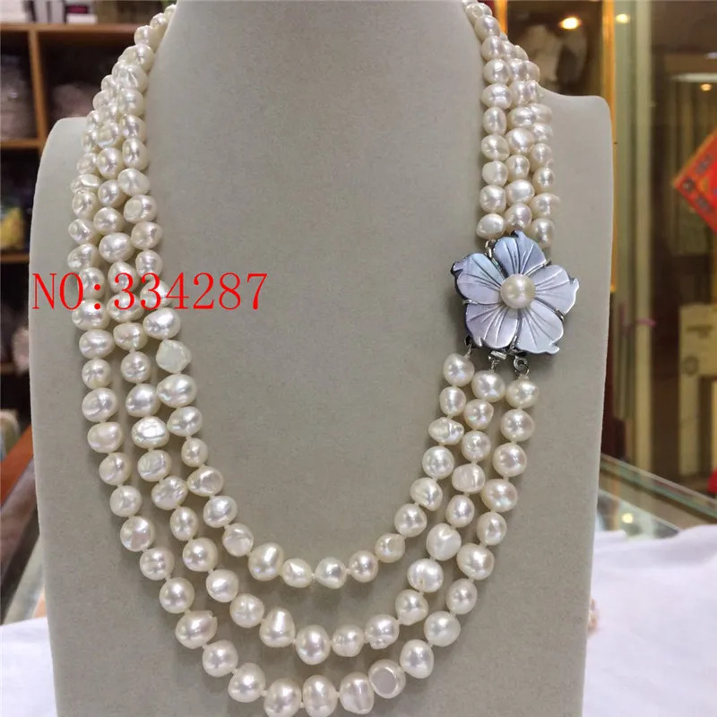 

New 3 rows white natural irregular freshwater pearl necklace 8-9MM 19-21inch