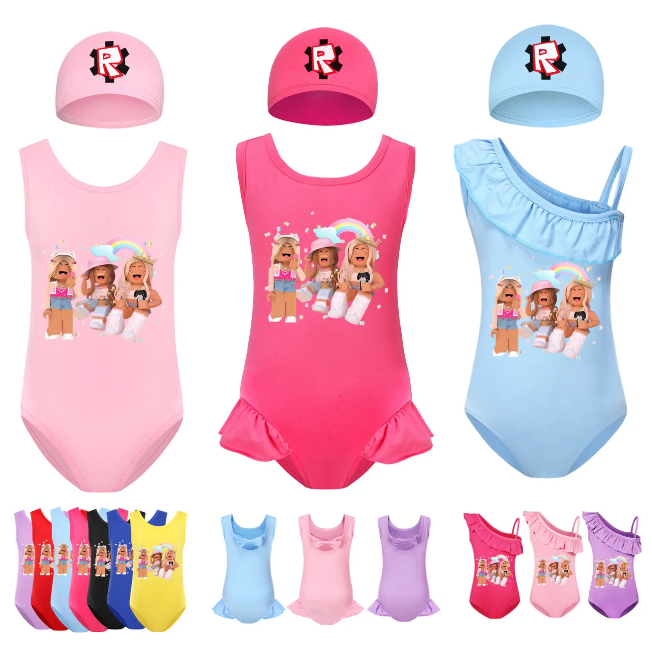 

2024 Summer New Roblox Children's Fashion Trend Roblox Girls Swimsuit and Swimming Cap Set Children's Clothing Girl Clothes