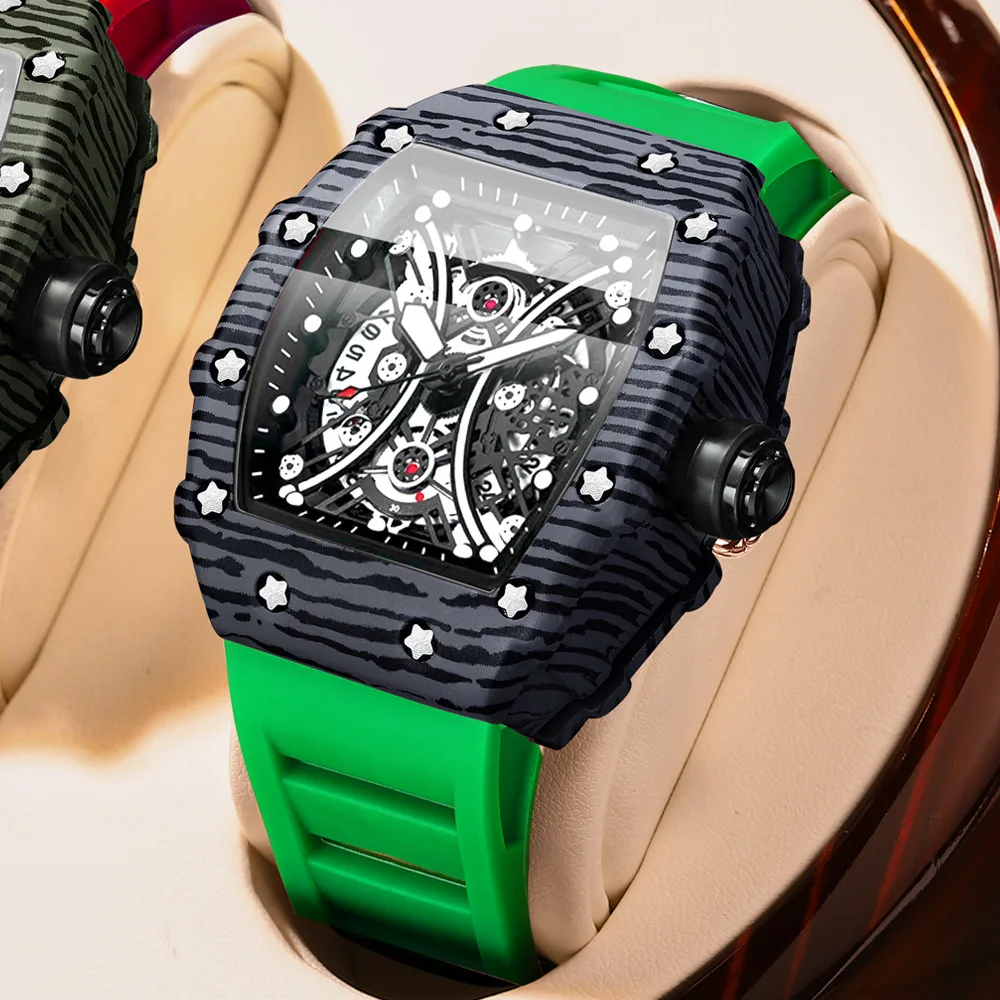 Top Brand Fashion Mens Watch Automatic Date Sports Silicone Strap Green Wristwatch Luxury Tonneau Quartz Watch Mans Dropshipping