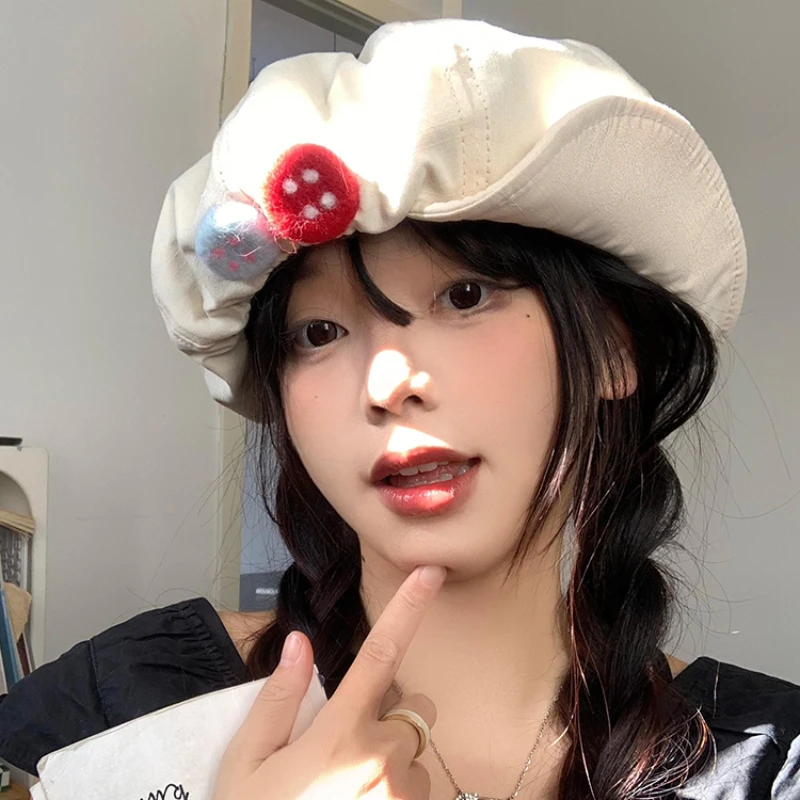 여성용 문학적 다채로운 펠트 단추 디자이너 베레모 모자, 작은 얼굴 표시, 일본 레트로 오버사이즈 팔각형 뉴스보이 모자