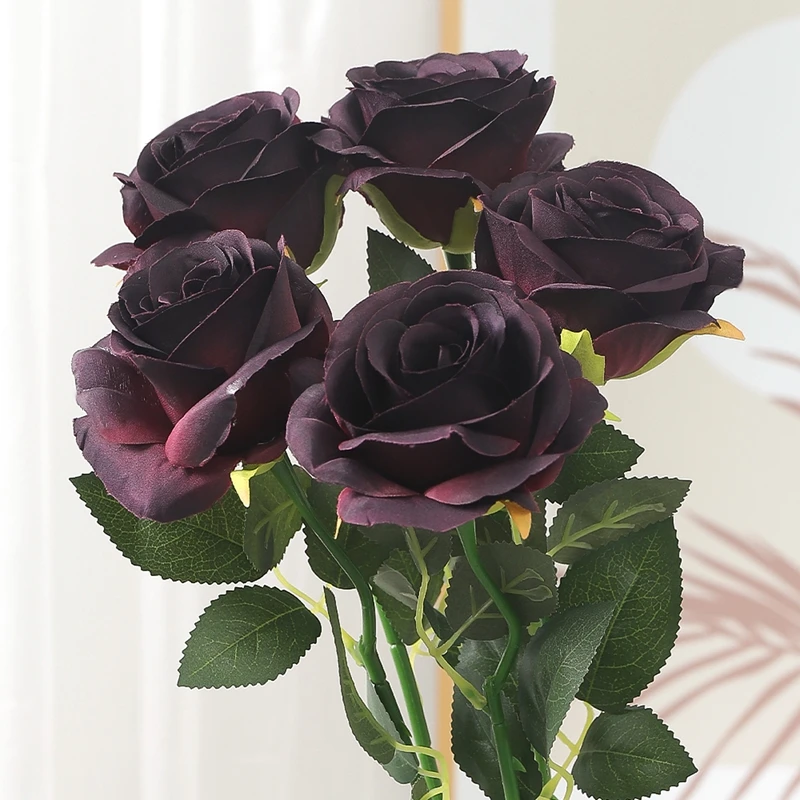 5/10 Stück künstliche schwarze Rosenblüten aus Seide mit langem Stiel, künstlicher Rosenstrauß für Zuhause, Zimmer, Hochzeitsdekoration, Valentinstagsgeschenk – Detail 10