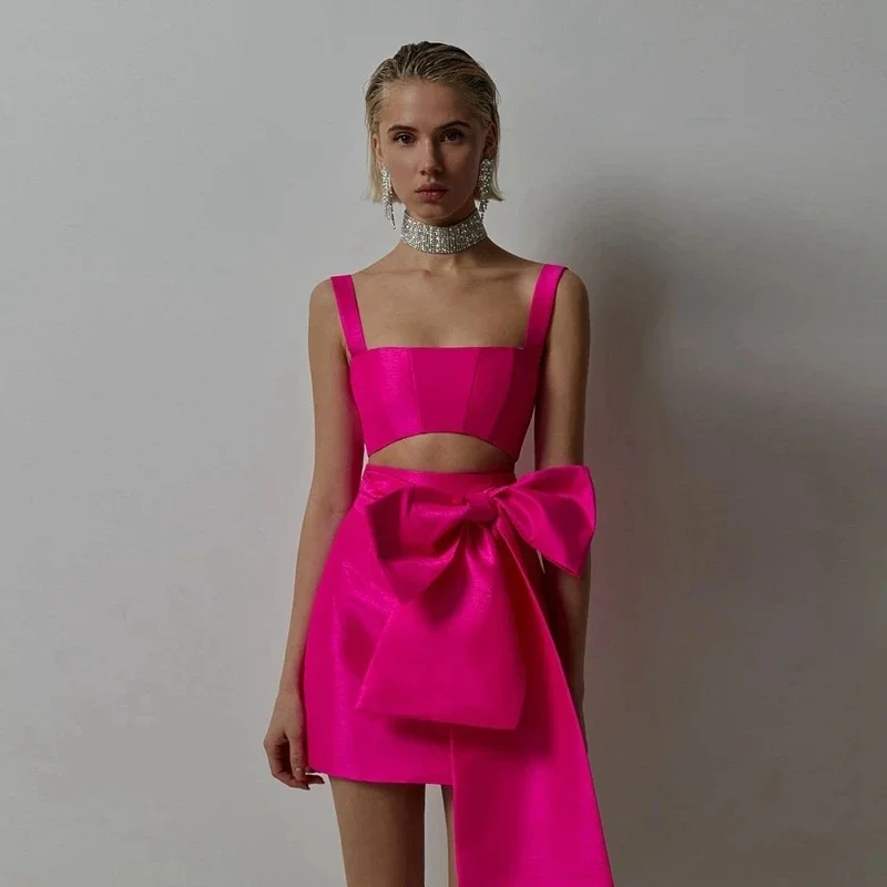 Sexy Satin Fuchsia Cocktail Dress Straps Homecoming Dress Mini Party Gown for Girls Front Big Bow vestidos cortos elegantes