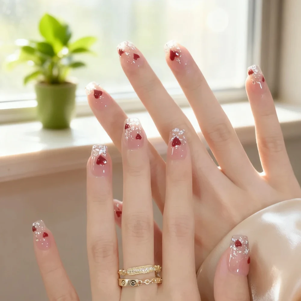 1개 레드&화이트 하트 스타버스트 네일 스티커 발렌타인데이 레드 하트 글리터 네일 스티커 귀여운 복숭아 하트 매니큐어 데칼