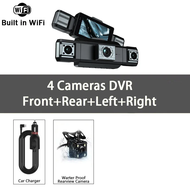 דאשקאם 4 ערוצים Wifi 360 °   מצלמת רכב Dash Cam Car Dvr מצלמות לוח מחוון לדרך הרכב מצב חניה 24 שעות קדמי ואחורי פנימי