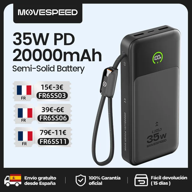 【CCC】MOVESPEED P20 Batterie externe en forme de lame 20000mAh 35W Charge rapide Powerbank Chargeur externe pour iPhone 17Pro Samsung 1