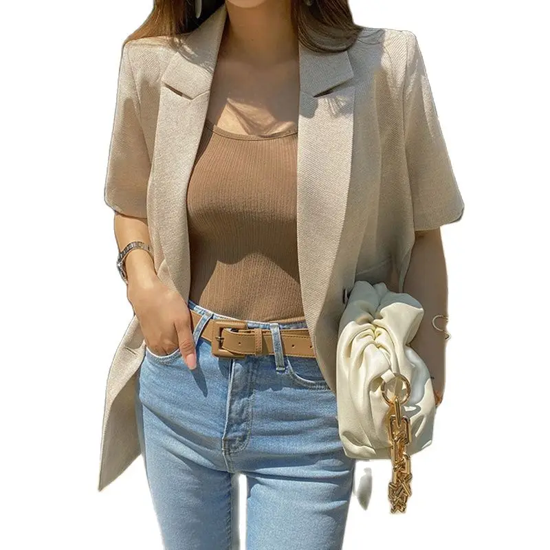 

2023 Korean Fashion Lady Leisure Blazers Spring Summer Fashion Short Sleeves Chiffon Patched Double Breast Women Thin Jacket