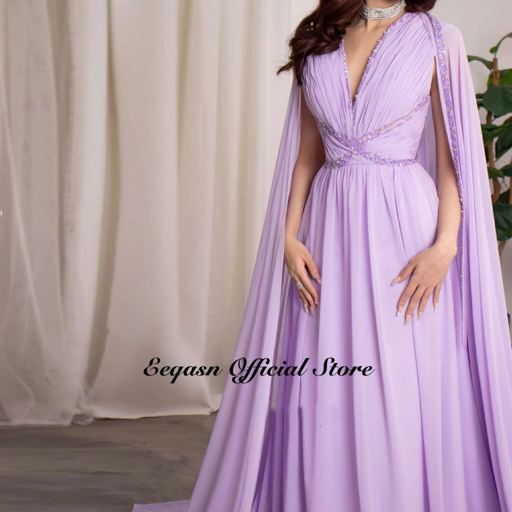 Trendy Chiffon Evening Dresses Long with Cape Saudi Arabia Beads V Neck Elegant A-line Formal Evening Gowns Floor Length