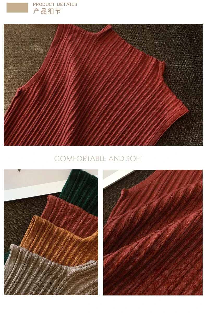 Blusa de punto sin mangas elegante de moda para mujer, blusa de verano de color sólido, blusa informal, camisa de cuello medio alto