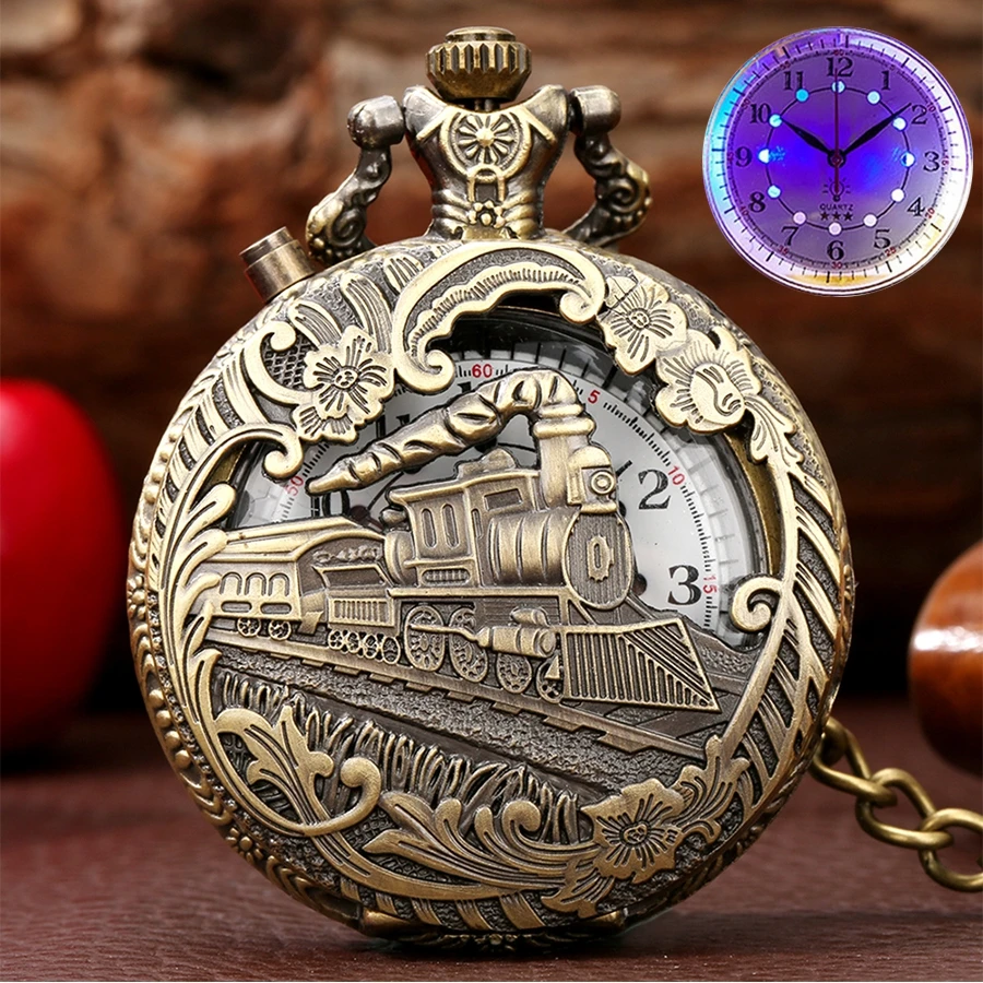 

Retro Luminous LED Light Train Locomotive Engine Quartz Pocket Watch Gift for Male Women Chronograph Hombre Relojes