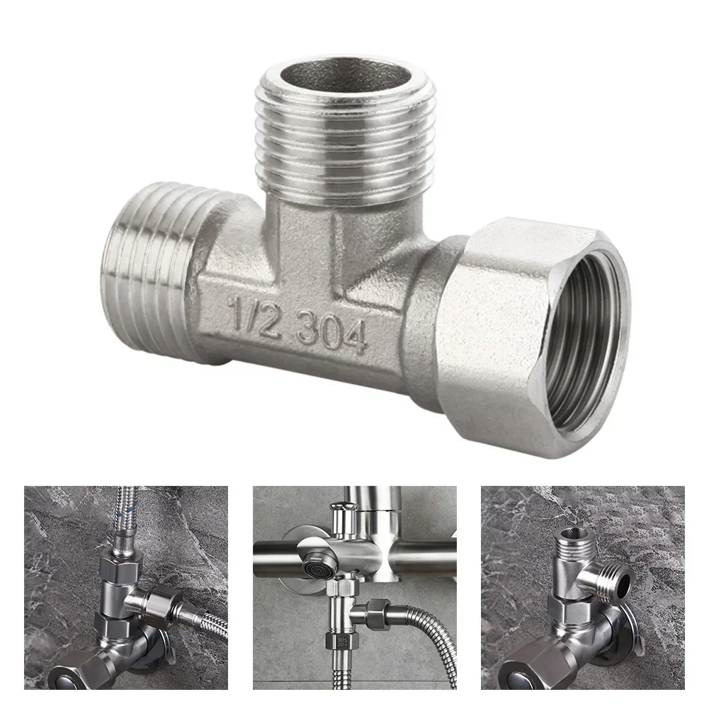 Toilet Diverter Valve Copper T Adapter G1/2" T-Valve Stainless Steel Silver Durabl Use For Toilet Bidet Sprayer Three-way Water diverter valve t adapter valve