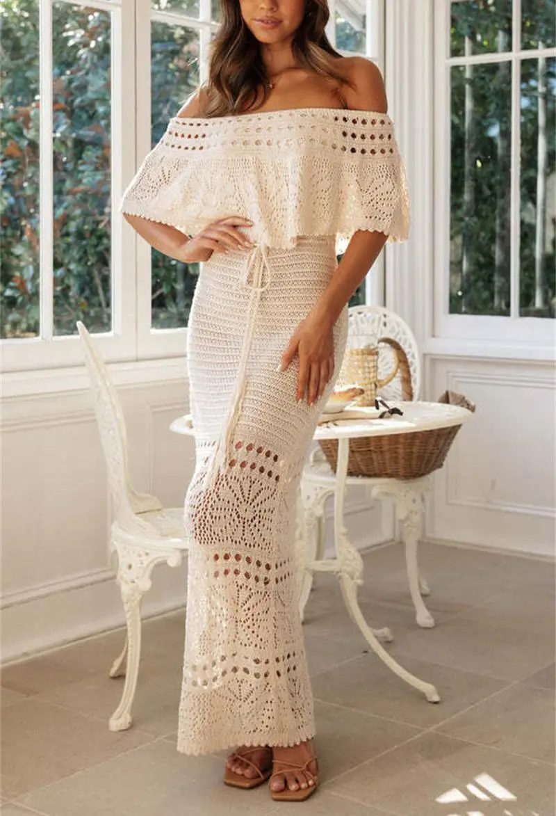 

2024 New Sexy Knitted Crochet Tunic Beach Cover Up 2 Pieces Set Bikini Cover-ups Sexy Long Dress and Shawl Female Women Swimsuit