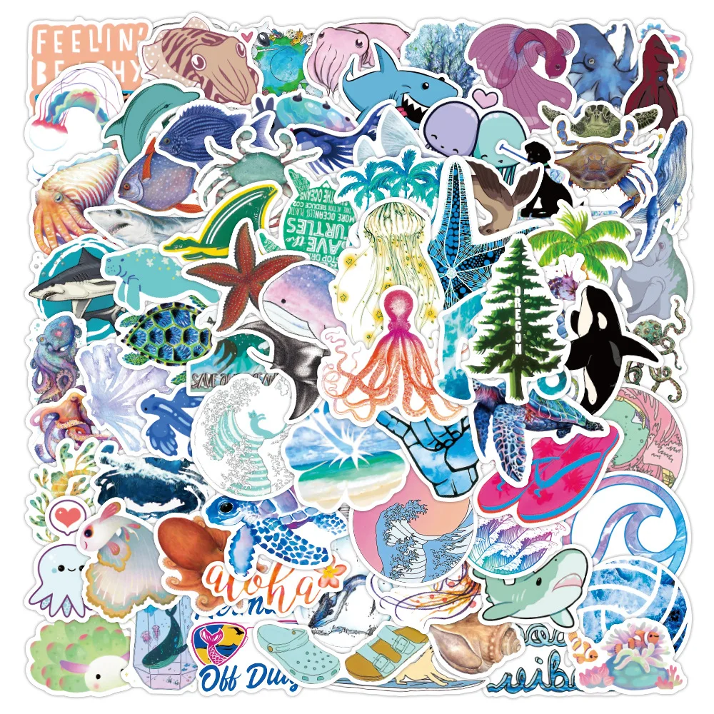 

10/30/50/100PCS Sea Animal Cartoon Stickers Ocean World Fishes Plants Coral Jellyfish Travel Cute Waterproof Sticker Kids Decals