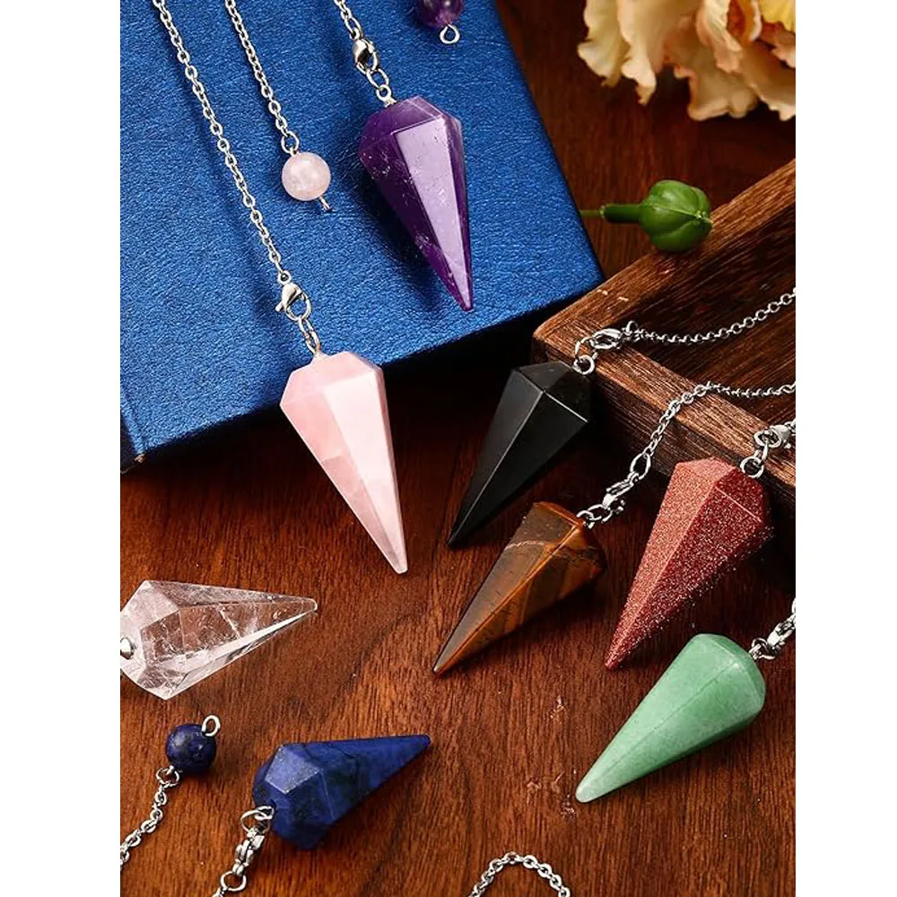 Natural Stones 7 Chakra Crystal Pendulum for Divination Dowsing Quartz Pendulums Reiki Gems Pendant Pendulos Necklace Jewelry