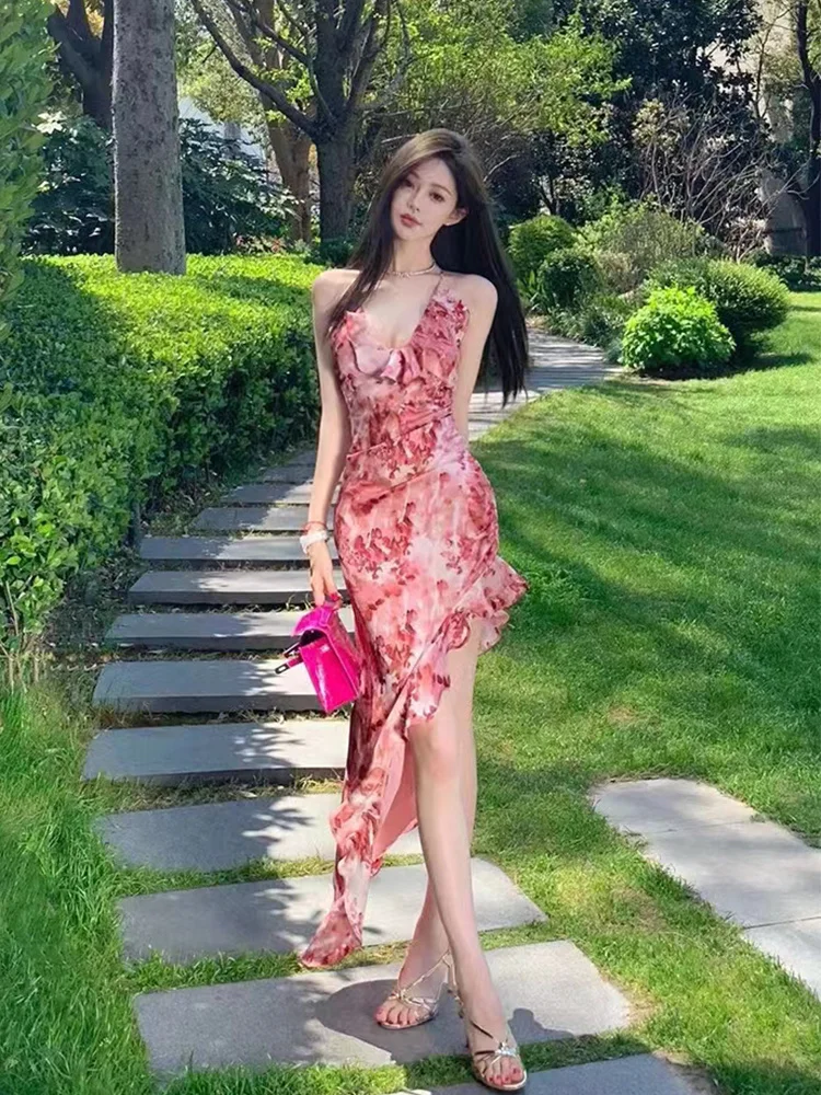 

Pure Sexy V-Neck Ruffled V-Neck Strap Dress Women's Summer 2023 New Irregular Open Back Chiffon Skirt