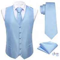 Luxury Sky Blue Vests for Men Silk Solid Wedding Party Waistcoat Tie Set  Formal Suit Male Dress Sleeves Jacket Barry Wang 1