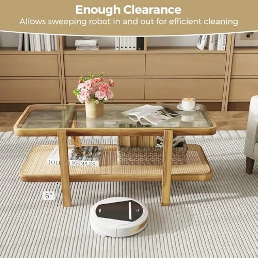 Rattan Coffee Table, 47.5" Rectangle Solid Wood Tea Table w/Tempered Glass Tabletop & PE Rattan Storage Shelf, 2-Tier Boho Coff 5